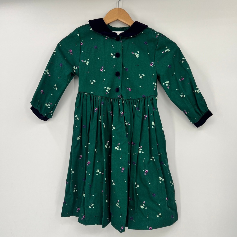 Mousefeathers Vintage Green Floral Velvet Trim Dress Girls Size 6 Made in USA